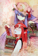 2girls absurdres bangs blunt_bangs blush book bow bowtie carrying crescent_moon hair_bow hat head_wings hidari_(left_side) highres koakuma lace_border long_hair low_wings moon multiple_girls patchouli_knowledge payot pointy_ears purple_eyes purple_hair red_eyes red_hair scan sitting touhou vest wings // 4141x6041 // 6.9MB