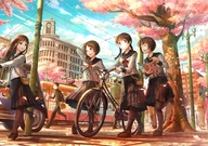 4girls bicycle cherry_blossoms city cloud fuji_choko happy highres multiple_girls original petals school_uniform serafuku sky street train tree walking // 2210x1555 // 2.5MB