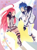 ahoge akiyoshi_(tama-pete) android blue_eyes blue_hair boots gloves headphones headset kaito kneehighs long_hair miki_(vocaloid) miki_(vocaloid)_(cosplay) red_eyes redhead robot_joints sitting smile socks star striped striped_kneehighs vocaloid // 590x800 // 133KB