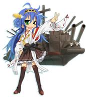 1girl ;3 ahoge bare_shoulders blue_hair boots cosplay detached_sleeves double_bun green_eyes hair_ornament hairband izumi_konata japanese_clothes kantai_collection kongou_(kantai_collection) kongou_(kantai_collection)_(cosplay) long_hair lucky_star nontraditional_miko open_mouth personification ribbon-trimmed_sleeves ribbon_trim solo thigh_boots thighhighs tyke v white_background // 777x866 // 490.2KB