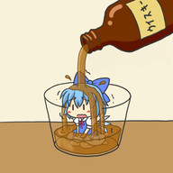 alcohol barefoot blue_hair blush_stickers bow chibi cirno cup girl_in_a_cup in_container kakushiaji kneeling minigirl ribbon short_hair touhou translated whiskey wings |_| // 512x512 // 76KB