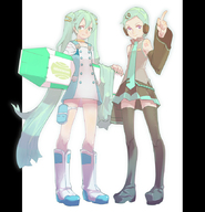 2girls black_thighhighs boots cosplay costume_switch crossover detached_sleeves eureka eureka_(cosplay) eureka_7 green_hair hatsune_miku hatsune_miku_(cosplay) legs long_hair multiple_girls short_hair stregoicavar thigh_strap thighhighs twintails very_long_hair vocaloid // 827x859 // 254KB