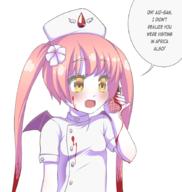 1girl artist_request bangs blood blood_on_face bloody_hands blush borrowed_character bust buttons cellphone demon_wings ebola-chan english flower hair_flower hair_ornament hat long_hair nurse nurse_cap original pale_skin payot personification phone pink_hair shiny shiny_hair short_sleeves simple_background solo source_request speech_bubble talking_on_phone twintails white_background white_skin wings yellow_eyes // 840x884 // 325KB