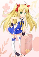 astarotte_ygvar bare_shoulders blonde_hair blush bow child detached_collar green_eyes hair_bow hand_on_hip long_hair lotte_no_omocha! luggage open_mouth pointy_ears thighhighs twintails white_legwear wrist_cuffs yoruda // 568x828 // 166KB