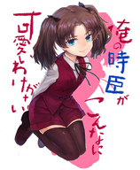 1girl absurdres blue_eyes brown_hair can't_be_this_cute fang fatestay_night fatezero fate_(series) genderswap highres loafers ribbon shoes shorts smile smirk solo sono thighhighs toosaka_tokiomi translated twintails vest waistcoat young zettai_ryouiki // 2278x2770 // 2.2MB