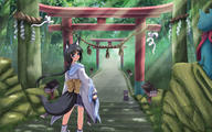 1girl animal_ears black_hair blue_eyes cat forest fox_ears fox_tail from_behind highres long_hair looking_at_viewer looking_back nature original shrine smile solo sunbeam sunlight tail torii vfenster // 1920x1200 // 1.4MB