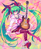 aqua_hair guitar hatsune_miku headphones instrument long_hair pink_eyes project_diva solo striped striped_thighhighs sumire_(artist) thigh-highs twintails very_long_hair vocaloid // 1009x1200 // 1.2MB