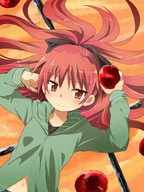apple blush bust food fruit hoodie long_hair lying mahou_shoujo_madoka_magica mochizuki_yomogi navel on_back ponytail red_eyes redhead sakura_kyouko smile // 750x1000 // 1.2MB