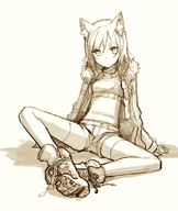 animal_ears boots fur_trim h2so4 holster jacket midriff monochrome navel open_clothes open_jacket original pistol short_hair short_shorts shorts simple_background sitting sketch solo spread_legs thighhighs weapon // 654x776 // 310KB