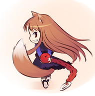 animal_ears apple brown_hair chibi food fruit futaba_jun holo long_hair looking_back red_eyes smile spice_and_wolf tail wolf_ears wolf_tail // 483x485 // 126KB