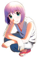 1girl android blue_eyes purple_hair sandals shiwasu_takashi short_hair solo takatsu_kokone yokohama_kaidashi_kikou // 500x750 // 212KB