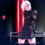 2001_a_space_odyssey black_thighhighs dress earrings hal_9000 head_tilt jewelry personification red_eyes rezi science_fiction short_dress short_hair solo thighhighs white_hair zettai_ryouiki // 1000x1000 // 208.3KB
