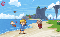 alternate_costume arms_behind_back arms_behind_head aryll beach bird bridge cliff closed_eyes cloud crab grandmother grass hair_bun highres horizon house island jar link lookout_platform object_on_head ocean official_art outset_island palm_tree pig seagull short_twintails smile the_legend_of_zelda toon_link tree twintails wading wallpaper wind_waker // 1920x1200 // 1.7MB