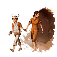 barefoot brown_hair cake chell crossover food holding_hands horns ico ico_(game) jumpsuit junkboy parody pastry ponytail portal sleeves_rolled_up surcoat traditional_media // 750x750 // 111.2KB