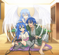 ahoge angel_wings barefoot closed_eyes family father_and_daughter green_eyes hand_on_head izumi_kanata izumi_konata izumi_soujirou lucky_star mole mother_and_daughter mutsuki_(moonknives) open_mouth playing_games playstation playstation_2 smile socks video_game wings // 962x900 // 234KB