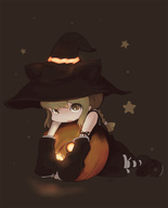 animal_ears arm_warmers blonde_hair brown_eyes halloween hat inemuri_uno original pumpkin witch_hat // 726x900 // 67KB