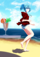 alternate_costume alternate_hairstyle bare_legs barefoot beach blue_eyes blue_hair blue_sky blurry cirno cloud cup depth_of_field drink highres hooded_jacket looking_back ponytail shadow short_hair sideways sky sola7764 striped_swimsuit table touhou wings // 1357x1920 // 1.7MB