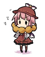 animal_ears chibi doughnut eating hat mystia_lorelei pink_hair short_hair solo touhou wings yamabuki_(yusuraume) // 800x1000 // 174KB