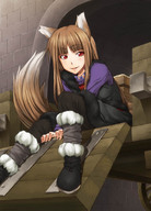animal_ears brown_hair holo ifuji_shinsen long_hair red_eyes sitting spice_and_wolf tail wolf_ears // 576x800 // 57.3KB