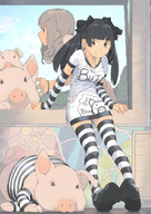 2girls akinbo_(hyouka_fuyou) arm_warmers black_hair bow brown_eyes brown_hair earrings hair_bow hair_ornament hairclip highres jewelry jpeg_artifacts legs long_hair multiple_girls pig smile striped striped_legwear thighhighs twintails // 960x1360 // 169.4KB