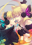 asumat blonde_hair blue_eyes butterfly_wings dual_persona facial_markings fingerless_gloves genderswap gloves headphones headset incipient_kiss magnet_(vocaloid) naruko naruto pink_eyes selfcest twintails uzumaki_naruto vocaloid wings // 430x610 // 348.5KB