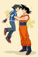 2boys black_hair blue_boots boots brown_eyes carrying crossover dougi dragon_ball dragonball_z eyes_closed fingerless_gloves floral_background from_side gloves height_difference highres kanaria_(dororotree) male_focus multiple_boys open_mouth pokemon pokemon_(anime) satoshi_(pokemon) shoes sneakers son_gokuu wristband // 1000x1511 // 565.5KB