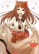 absurdres animal_ears apple ayakura_juu blush brown_hair crease fangs flower food fruit hair_flower hair_ornament highres holo long_hair official_art red_eyes scan skirt smile solo spice_and_wolf tail wolf_ears // 4465x6276 // 4.0MB