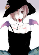 bare_shoulders candy halloween hat hijikini jack-o'-lantern nagato_yuki pumpkin purple_hair red_eyes short_hair solo suzumiya_haruhi_no_yuuutsu wings // 565x800 // 84.8KB