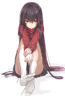 1girl black_hair blush brown_hair copyright_request kneehighs long_hair looking_at_viewer no_shoes ribbed_sweater shirabi_(life-is-free) simple_background sitting skirt solo sweater turtleneck very_long_hair white_background white_legwear // 572x848 // 248.9KB