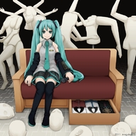 1girl album_cover aqua_eyes aqua_hair couch cover detached_sleeves hatsune_miku headphones long_hair mannequin microphone necktie sitting skirt smile solo thighhighs twintails very_long_hair vocaloid yajirushi_(chanoma) // 800x800 // 342.1KB