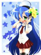 1girl blue_hair green_eyes headphones highres izumi_konata long_hair lucky_star mizushima_(p201112) necktie plaid plaid_skirt skirt wink // 960x1280 // 1.3MB