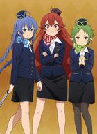 3girls :< ahoge alternate_costume artist_request bangs black_legwear black_skirt black_tights blue_eyes blue_hair blue_headwear blue_neckwear blush bow buttons closed_mouth collared_shirt crossed_arms dress_shirt elf eris_greyrat flight_attendant green_hair green_neckwear hair_between_eyes hat jacket knees_together_feet_apart legs_apart long_hair looking_at_viewer luggage multiple_girls mushoku_tensei name_tag own_hands_clasped own_hands_together pencil_skirt pointy_ears red_eyes red_hair red_neckwear rolling_suitcase roxy_migurdia scarf scarf_bow short_eyebrows short_hair sidelocks skirt smile standing striped_bow suitcase sylphiette_(mushoku_tensei) tagme thick_eyebrows tights travel_attendant twin_braids uniform walking // 1583x2164 // 265.9KB