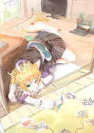 absurdres animal_ears animal_on_head arm_warmers bad_id barefoot blonde_hair cat cat_ears cat_on_head cat_tail child_drawing computer extra_ears green_eyes highres kemonomimi_mode laptop lying mizuhashi_parsee on_side pointy_ears pout scarf short_hair shrimp shrimp_tempura solo tail tempura touhou ume_(plumblossom) // 1748x2480 // 2.8MB