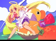 angel angelia_avallone arcana_heart bandaid barefoot blonde_hair candy child fang feet_in_water food fruit halo long_hair red_eyes rubber_duck school_swimsuit strawberry swimsuit v very_long_hair watanabe_akio water // 1280x928 // 767.4KB