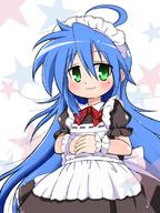1girl :3 blue_hair green_eyes izumi_konata long_hair lucky_star maid mizushima_(p201112) solo // 600x800 // 321.6KB