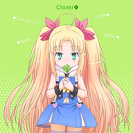 astarotte_ygvar blonde_hair blush bow clover covering_mouth detached_collar english four-leaf_clover green_eyes hair_bow long_hair lotte_no_omocha! meow_(nekodenki) midriff thighhighs twintails zettai_ryouiki // 600x600 // 389KB