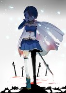 ayase08 blood blue_eyes blue_hair cape dripping hand_over_eye mahou_shoujo_madoka_magica miki_sayaka one_eye_covered short_hair solo sword tears thigh-highs torn_cape weapon // 800x1129 // 447.7KB