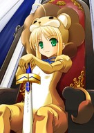 animal_ears blonde_hair cosplay fatestay_night fate_(series) green_eyes lion maho_(yakimorokoshi) saber saber_lion solo sword throne type-moon weapon // 566x800 // 74.8KB