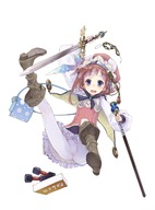 absurdres ass atelier_(series) atelier_meruru bag bangs blue_eyes blunt_bangs blush boots brown_hair cape child crotch hat highres ji_no jumping long_hair mask open_mouth pantyhose rororina_fryxell scepter skirt smile sword weapon white_legwear young // 1771x2400 // 1.7MB