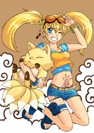 :< blonde_hair blue_eyes bracelet cod.h cutoff_jeans earrings genderswap goggles grin jewelry jumping kyuubi naruko naruto navel sandals shorts smile tattoo torn_clothes twintails uzumaki_naruto wink // 600x844 // 408KB